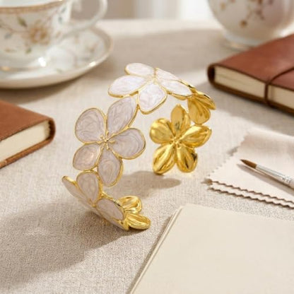 18K Gold Plated White Enamel Cuff Bracelet for Women - color: flower2
