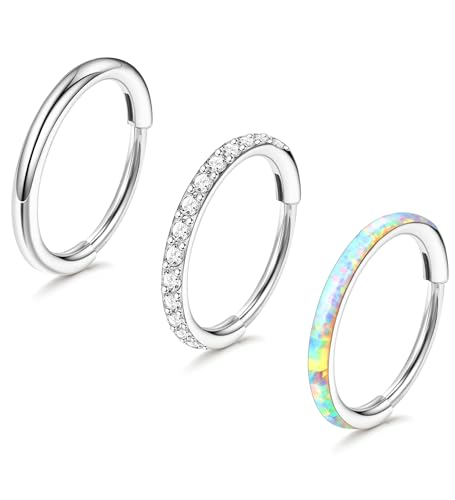 3pcs Nose Rings Hoops - 316L Surgical Steel Hinged Nose Hoops 16G/18G/20G CZ Clicker Septum Nose Ring Lip Helix Cartilage Hoop Earring Daith Rook Conch Body Piercing Jewelry for Women Men 8mm 10mm - color: Silver, size: 20 gauge(0.8mm)-8mm