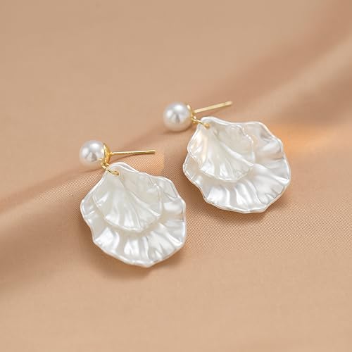 Long Pearl Earrings for Women 925 Sterling Silver Dangle Earrings | Hypoallergenic Dainty Dangle Drop Earrings, Elegant Pearl Jewelry for Bridal, Mother's Day Anniversary Birthday Jewelry Gift - color: Seashell Earrings