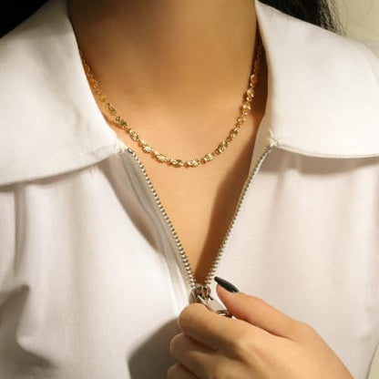 Gold Plated Stainless Steel Necklace Hypoallergenic Oval Petal Chain Link Choker Collar Charm Necklaces Classic Stylish Vintage Fashion Jewelry Valentine's Day Birthday Gift for Women