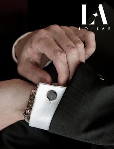 LOLIAS 3 Pairs Initial Cufflinks for Men Classic Mens CuffLinks Set Letter | Cuff Links for Casual to Formal with Gift Box Silver Black 14K Gold Plated Cufflinks for Father Husband Groom Groomsmen Gift - style: Letter P