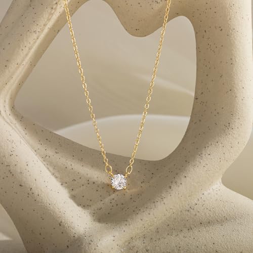 Tewiky Dainty 14k Gold Plated/Silver Cubic Zirconia Necklaces for Women | Simple CZ Jewelry Necklaces Trendy Gifts - color: Gold big CZ