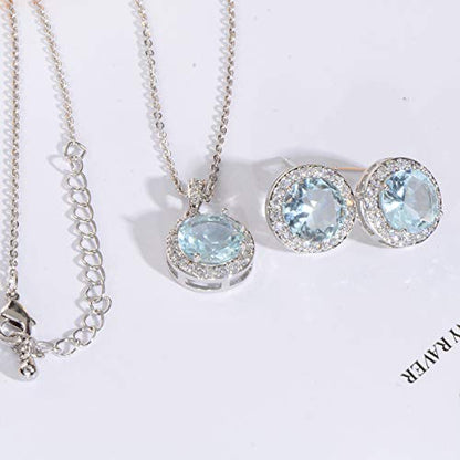 Bridal Crystal Jewelry Set - Sterling Silver Round Cubic Zirconia CZ Rhinestone Halo Birthstone Pendant Necklace Stud Earrings Set for Wedding Bride Bridesmaids Birthday Gift - color: Matine Blue