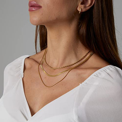 Herringbone Choker Necklace Set Double Layer Snake Chain Herringbone Chain Necklace Layering Necklace Set Cuban Chain Necklace for Women - style: 3Layered Snake+Rope-GD