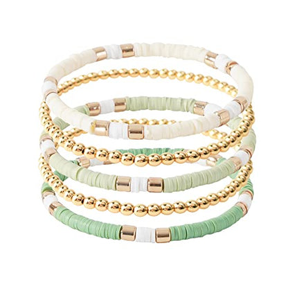 GOOJIDS Surfer Heishi Clay Bead Bracelets for Women Bohemian Stackable Gold Plated Beaded Stretch Bracelets Elastic Layering Friendship Bracelets Set Boho Jewelry - color: C-New Green Color Sets