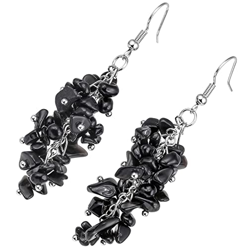Nupuyai Natural Tumbled Stones Earrings for Women, Reiki Healing Crystal Long Dangle Hook Eardrop - color: #8-Black