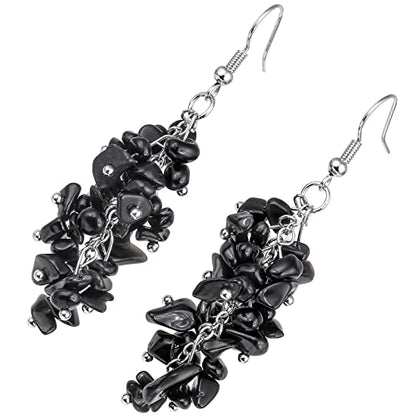 Nupuyai Natural Tumbled Stones Earrings for Women, Reiki Healing Crystal Long Dangle Hook Eardrop - color: #8-Black