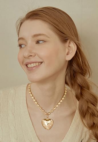CLASSYZINT Gold Heart Pendant Necklace for Women Puffy Heart Necklace Beads Chain Necklace Statement Necklace Trendy Jewelry - style: XL22340A