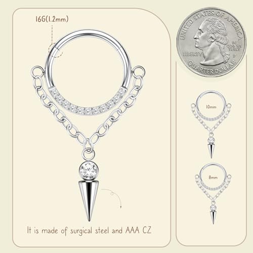 AROWRO Chain Septum Rings 316L Surgical Steel Septum Clicker Daith Piercing Jewelry Dangle Nose Rings for Women 16G 8/10mm Conch Cartilage Hoop Seamless Hinged Septum Jewelry with Clear CZ/Opal - color: Style-5-Silver cone dangle&Clear CZ, size: 16G-8mm