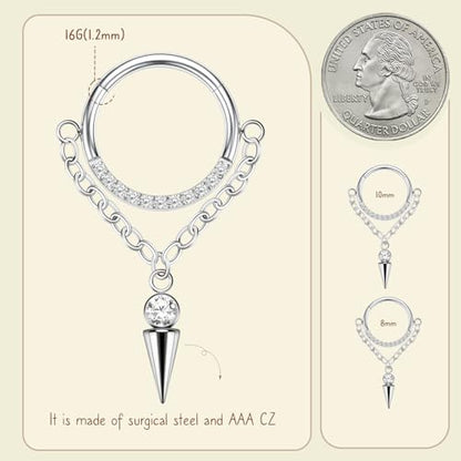 AROWRO Chain Septum Rings 316L Surgical Steel Septum Clicker Daith Piercing Jewelry Dangle Nose Rings for Women 16G 8/10mm Conch Cartilage Hoop Seamless Hinged Septum Jewelry with Clear CZ/Opal - color: Style-5-Silver cone dangle&Clear CZ, size: 16G-8mm