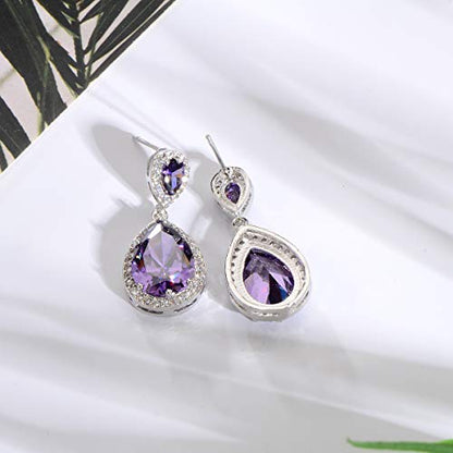 Bridal Jewelry Set for Wedding - 18k Plated Teardrop CZ Crystal Cubic Zirconia Rhinestone Necklace Earrings Set for Bride Bridesmaids Mother of Bride Party Prom Birthstone Costume Jewelry - color: Feb-Amethyst