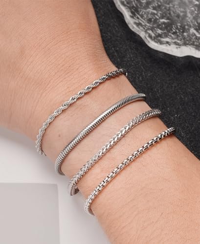 8Pcs Chain Bracelet Stainless Steel Curb Width Rope Figaro Cuban Link Paperclip Twist Chain Bracelets Set for Men Women 7.5/8.3/9.0 Inches