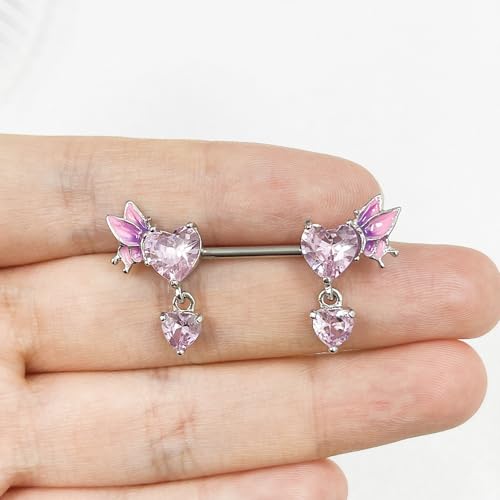 Pink Heart Nipple Rings for Women 14G 16mm Surgical Steel CZ Rhinestone Butterfly Dangling Nipple Shield Studs Body Piercing Jewelry Gifts - color: Pink