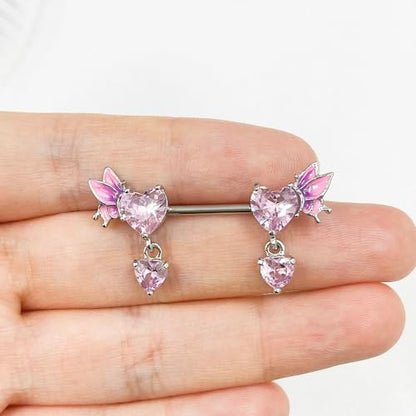 Pink Heart Nipple Rings for Women 14G 16mm Surgical Steel CZ Rhinestone Butterfly Dangling Nipple Shield Studs Body Piercing Jewelry Gifts - color: Pink