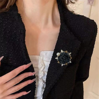 Elegant Rose Flower Brooch Pin for Women Men Wedding Party Gentleman's Essentials Handmade Imitation Crystal Pearl Fabric Flower Lapel Pin Dress Suit Accessories Boutonniere Ideas Gift - color: Black