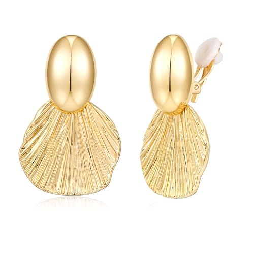 Gold-Plated Clip-On Earrings Non-Pierced Fan Shell Statement Earrings Textured Coastal Jewelry