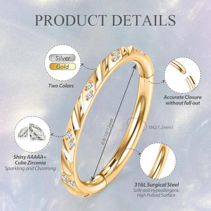 FUNLMO 316L Surgical Steel Cube Zircon Nose Ring Septum Jewelry Helix Conch Tragus Rook Daith Piercing Jewelry Cartilage Earring for Women Men - color: Gold