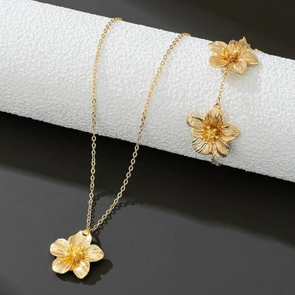 Gold Flower Jewelry Set For Women, 5 Pcs Chunky Golden Floral Pendant Necklace Bracelet Earrings Ring Set Statement Flower Jewelry Gifts For Beach Wedding - color: 5pcs-Gold