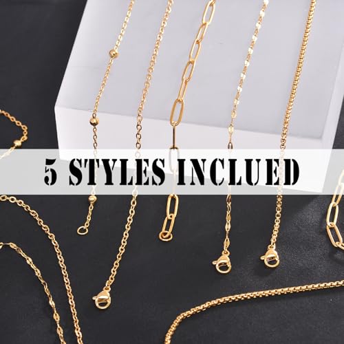 20Pcs (5 Styles) Stainless Steel Chains for Jewelry Making (G-17in) | Bulk Silver & Gold Plated Chains, Satellite, Paper Clip, Lip, Rolo, Cable, Jewelry Making - color: Gold Plated (17 inch)