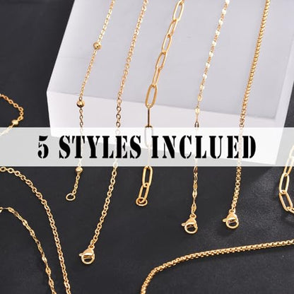 20Pcs (5 Styles) Stainless Steel Chains for Jewelry Making (G-17in) | Bulk Silver & Gold Plated Chains, Satellite, Paper Clip, Lip, Rolo, Cable, Jewelry Making - color: Gold Plated (17 inch)