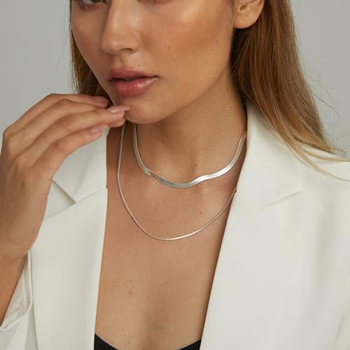 Tewiky Layered Necklaces for Women 14k Gold Plated Chain Necklace Set | Chunky Herringbone/Snake/Rope/Box/Cuban Link Chain for Women, Layering Stack Choker Necklace, Dainty Jewelry Set Non Tarnish - color: Layered Herringbone Silver