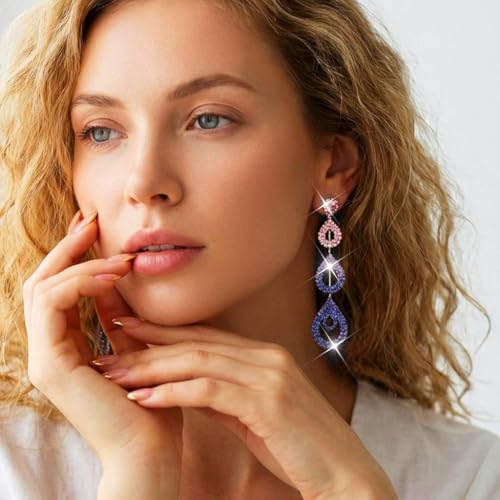 Catery Long Rhinestone Earrings Silver Pageant Earrings Dangling for Women Wedding - color: Purple Blue