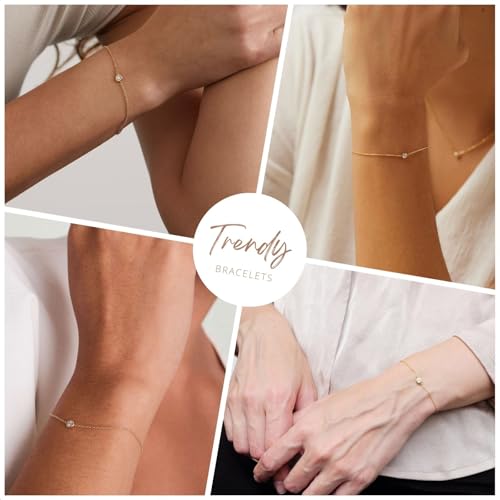 Solid 925 Sterling Silver Bracelets for Women, Dainty Interlocking Circles Cubic Zirconia Adjustable Chain Bracelet, Trendy Stackable Link Bracelets, Simple Cute Jewelry Gifts - color: Gold Bezel-Set CZ