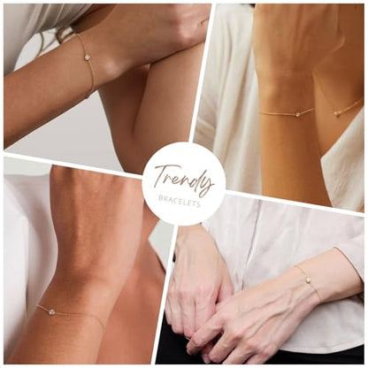 Solid 925 Sterling Silver Bracelets for Women, Dainty Interlocking Circles Cubic Zirconia Adjustable Chain Bracelet, Trendy Stackable Link Bracelets, Simple Cute Jewelry Gifts - color: Gold Bezel-Set CZ