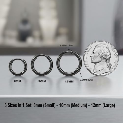 Black Hoop Earrings for Men 8mm 10mm 12mm – Surgical Stainless Steel Hypoallergenic Mens Small to Medium Hoop Earrings Set (3 Pairs) - style: G:3pairs,8mm+10mm+12mm,black