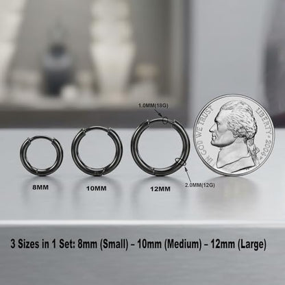 Black Hoop Earrings for Men 8mm 10mm 12mm – Surgical Stainless Steel Hypoallergenic Mens Small to Medium Hoop Earrings Set (3 Pairs) - style: G:3pairs,8mm+10mm+12mm,black