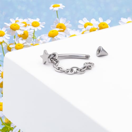 3 Pcs 316L Stainless Steel 16G Tragus Helix Rook Piercing Jewelry with Chain, Cartilage Earrings for Women, Belly Button Ring Vertical Labret Lip Piercing Jewelry - color: Silver, size: Star