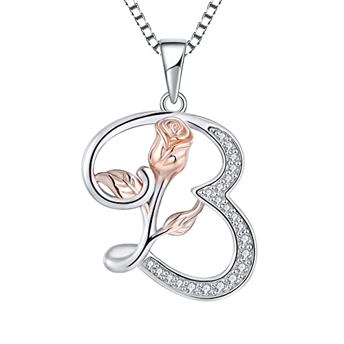 STARCHENIE Initial Necklace for Women Sterling Silver Letters 26 Alphabet Pendant Rose Flower Jewelry Gifts for Family Sisters Friend - color: B