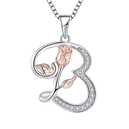 STARCHENIE Initial Necklace for Women Sterling Silver Letters 26 Alphabet Pendant Rose Flower Jewelry Gifts for Family Sisters Friend - color: B