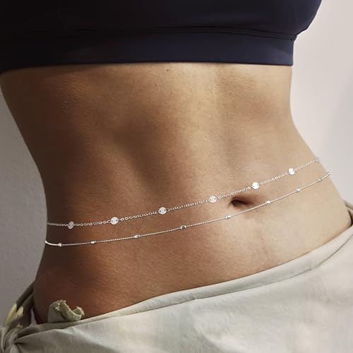 Body Chain for Women 14K Gold Plated Waist Beads Chain Gold Belly Belt Cuban Layered Body Chains Waterproof Adjustable Sexy Bikini Beach Body Jewelry Daily Belts Gifts for Women 26.5-33Inch - style: Bead+Sequin -SL
