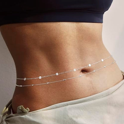 Body Chain for Women 14K Gold Plated Waist Beads Chain Gold Belly Belt Cuban Layered Body Chains Waterproof Adjustable Sexy Bikini Beach Body Jewelry Daily Belts Gifts for Women 26.5-33Inch - style: Bead+Sequin -SL