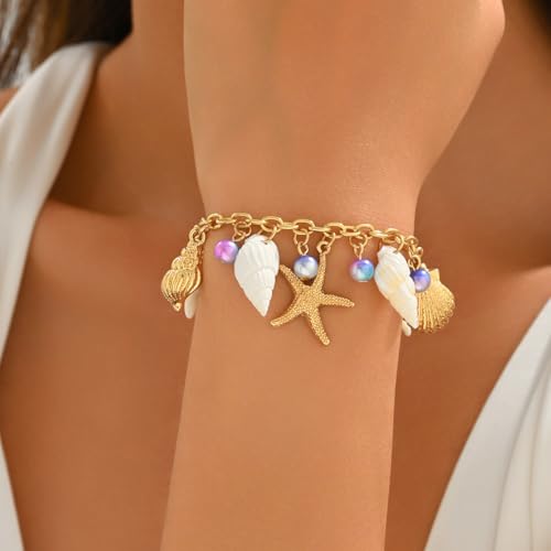 Bohemia Sea Shell Starfish Conch Charm Bracelets Hawaiian Sea Themed Faux Pearl Charm Bracelets Anklet for Women Summer Beach Vacation Jewelry Gifts - style: StyleD