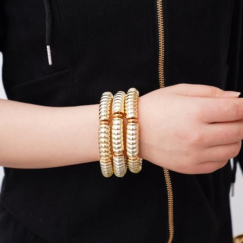 LALAPPLE Gold Plated Beaded Acrylic Bamboo Tube Bangle Bracelets for Women, Colorful Chunky Curved Tube With Gold Plated Pieces Beads Stretch Bracelet Friendship Summer Beach Jewelry - color: B-gold 3pcs(Chunky set)