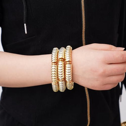 LALAPPLE Gold Plated Beaded Acrylic Bamboo Tube Bangle Bracelets for Women, Colorful Chunky Curved Tube With Gold Plated Pieces Beads Stretch Bracelet Friendship Summer Beach Jewelry - color: B-gold 3pcs(Chunky set)