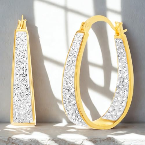 Devin Rose Oval Inside Outside Hoop Earrings for Women Faceted Sparkle Crystals - color: Yellow