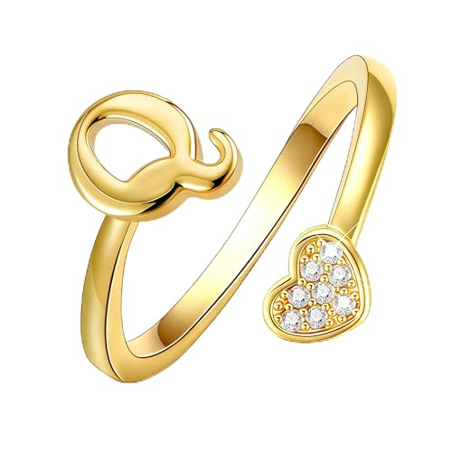 Lunvky Birthday Gifts Silver Initial Rings for Women Teen Girl Kids Trendy Stuff Dainty 14K Gold Plated Adjustable Heart Letter Thumb Rings Pinky Cute Jewelry Personalized Gift - color: Gold, size: Initial-Q