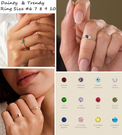 Mothers Day Gifts Gold Heart Birthstone Rings for Women Non Tarnish Stackable Pinky Ring Dainty 14K Gold Plated CZ Gemstone Ring Wedding Promise Ring Birthday Jewelry Gift for Mom - color: 03-06.march(aquamarine)-june(alexandrite)