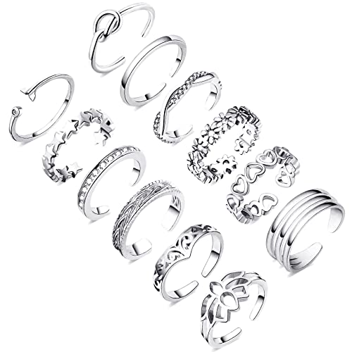 Honsny 12PCS Gold/Silver Toe Rings for Women Adjustable Non Tarnish Ring | Stackable Rings for Women, Toe Ring Set, Open Band, Flower Cubic Zirconia Rings, Beach Summer Foot Jewelry, 14K Gold Plated - color: Silver