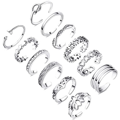 Honsny 12PCS Gold/Silver Toe Rings for Women Adjustable Non Tarnish Ring | Stackable Rings for Women, Toe Ring Set, Open Band, Flower Cubic Zirconia Rings, Beach Summer Foot Jewelry, 14K Gold Plated - color: Silver