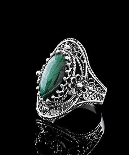 Filigranist 925 Sterling Silver Handcrafted Filigree Art Flower Pattern Woman Oval Statement Ring, Gift Boxed - color: Malachite
