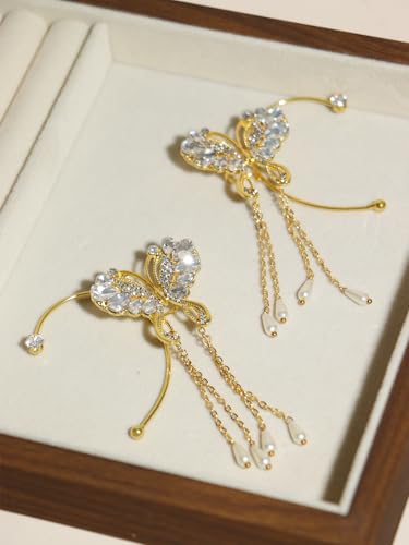 2Pcs Butterfly Ear Cuffs Rhinestone Clip On Earrings | Rhinestone butterfly ear cuffs with non piercing clip on design; silver ear wrap climber jewelry for parties and weddings - style: Style E Gold
