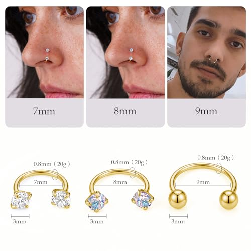 Titanium Horseshoe Nose Ring 20g, Gold Silver Nose Rings Hoops with Double CZ Gems Hypoallergenic Septum Ring for Women Men, Small Cartilage Helix Tragus Daith Labret Piercing Jewelry 7mm 8mm 9mm - color: Gold-Ball+CZ+AB