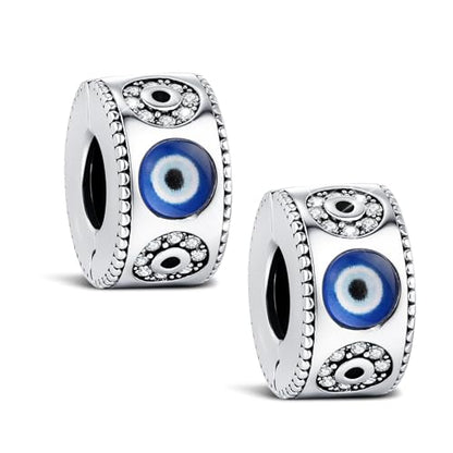 KEQ Clip Spacer Charm for Bracelet 925 Silver Pave Cubic Zirconia Clip Lock Stopper Bead Spacer For Women Bracelets Stopper Birthday Gifts European Openable Beads 2pcs - color: Blue Evil Eye