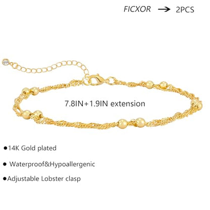 Gold Ankle Bracelets for Women,Dainty 14K Gold Plated Anklets for Women Waterproof Herringbone Beaded Satellite Anklets Set Layered Anklet Bracelets for Women Gold Jewelry Gift - color: Set 2