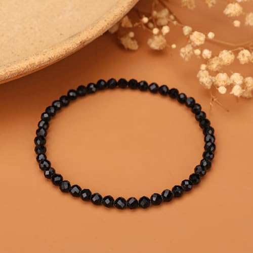 Natural Faceted Crystal Bracelet for Women,4mm Gemstone Round Beads Bracelets Adjustable Stretchy Healing Crystal Beads Bracelets Dainty Jewelry Gift - color: Black Obsidian