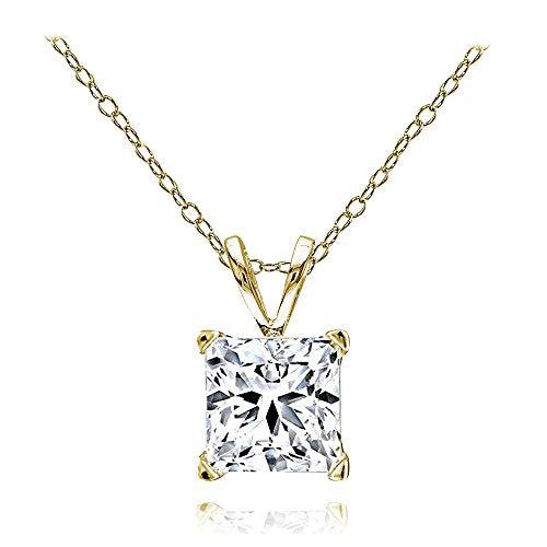 B. BRILLIANT Sterling Silver AAA Cubic Zirconia Princess-cut 7mm CZ Solitaire Necklace for Women Bridesmaids - color: Yellow Gold Plated